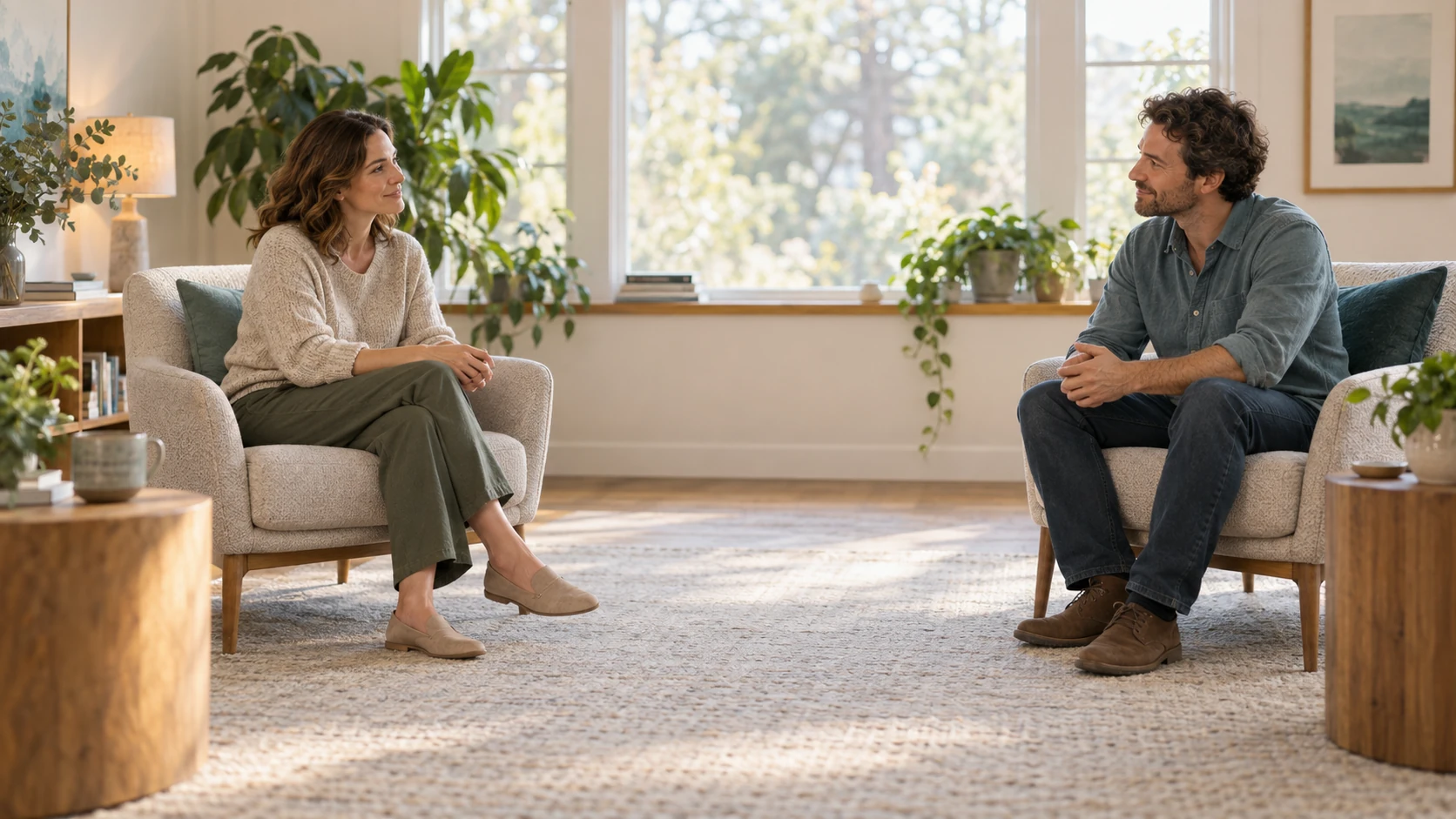 Illustrative scene of two adults sharing a relaxed conversation in a bright, plant-filled room